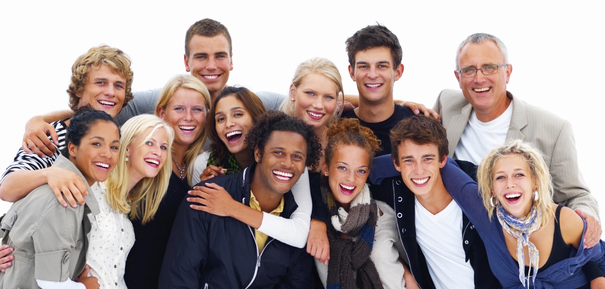 Group of happy friends against white background
