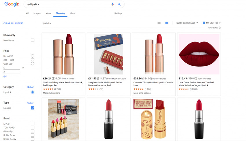 Price comparison of red lipstick on Google Shopping