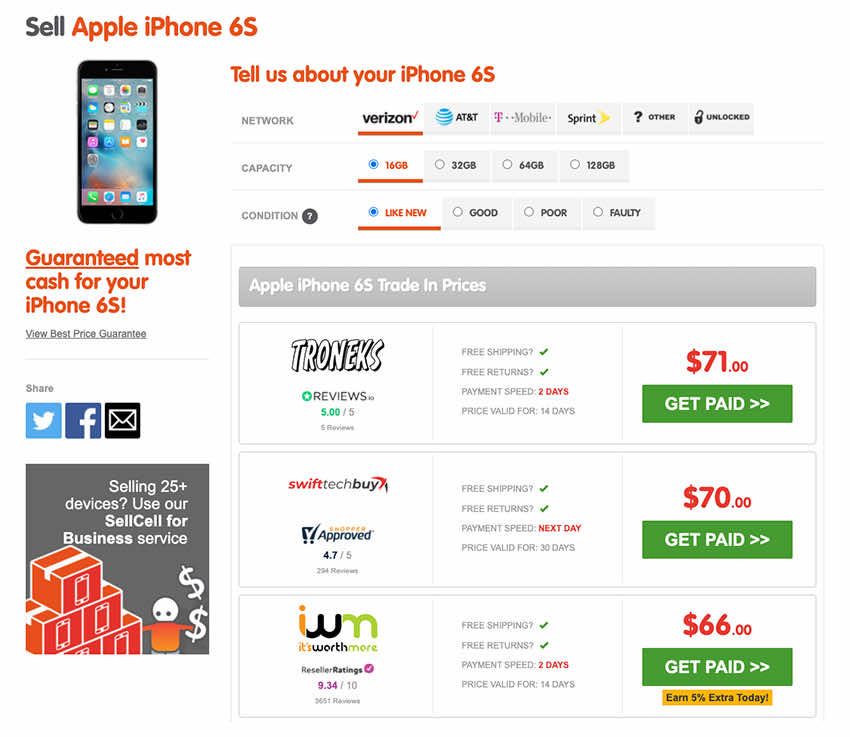 Trade In iPhone 6S with SellCell.com