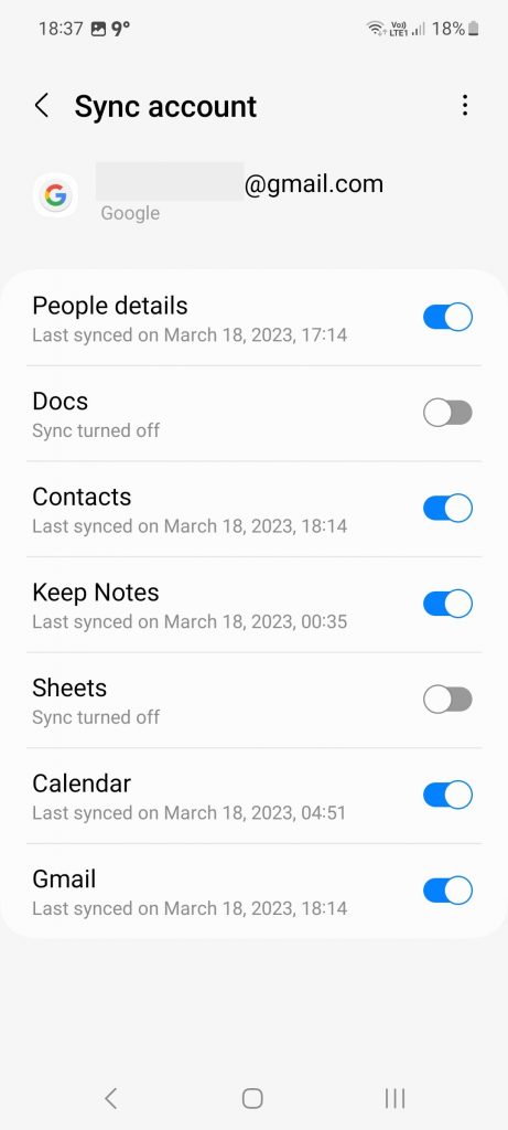 screenshot showing various toggles for Google account data syncing