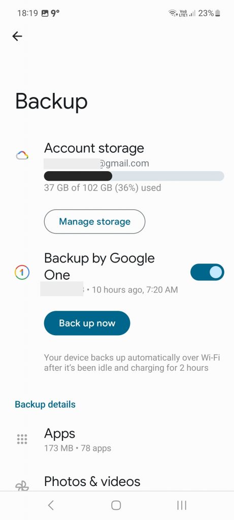 Screenshot on how to back up data to Google drive
