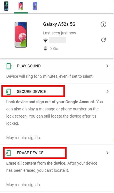 screenshot showing how to remove Android phone from Google account if lost or stolen