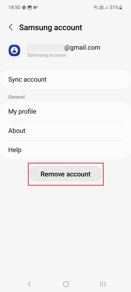 Screenshot showing how to remove your samsung account