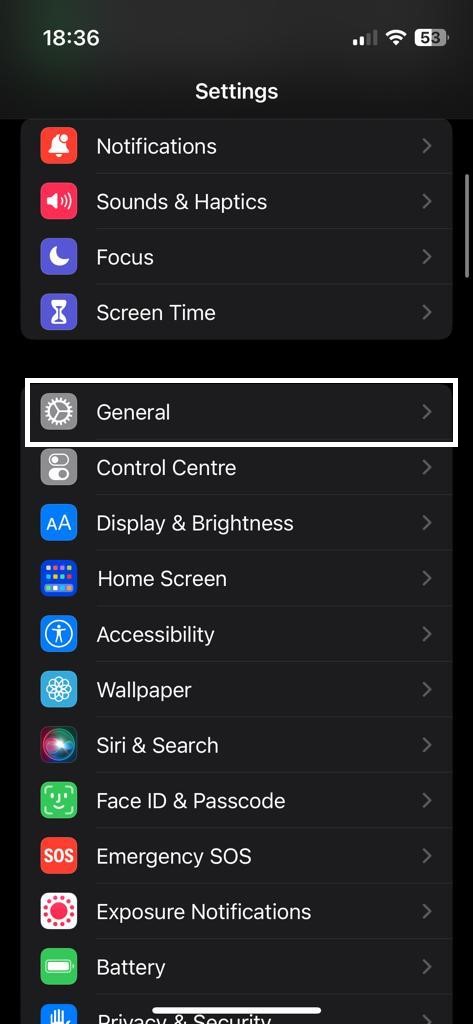 Screenshot showing how to open General in Settings on iPhone