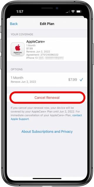 Screenshot showing how to cancel AppleCare