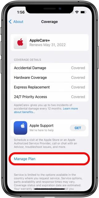 Screenshot showing how to manage AppleCare plan