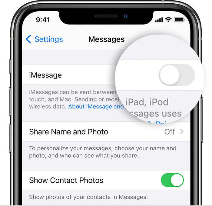 Screenshot showing how to deactivate iMessage