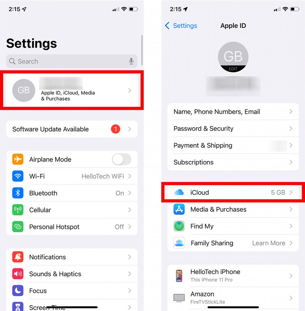 Screenshot showing how to reach iCloud settings on iPhone