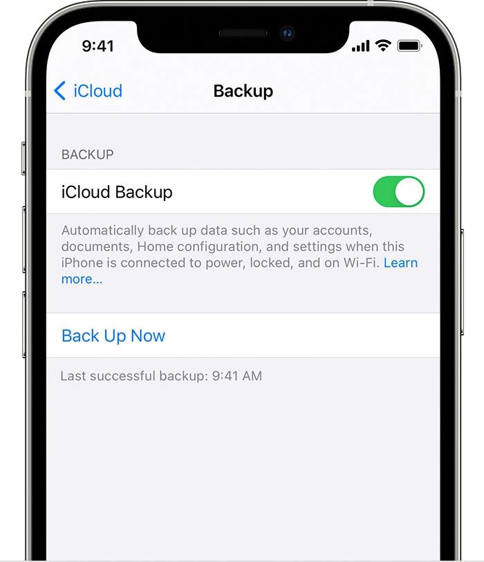 Screenshot showing how to  back up to iCloud