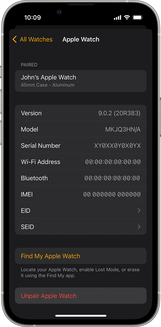 Screenshot showing how to unpair Apple Watch