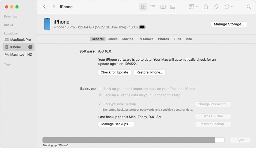 Screenshot showing how to back up iPhone on Mac