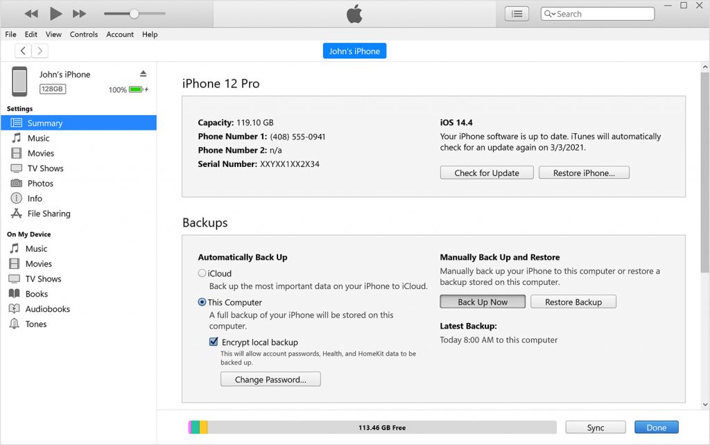 Screenshot showing how to back up iPhone via iTunes