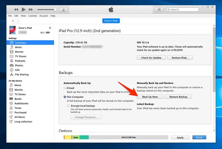 Image showing how to back up your iPad via iTunes