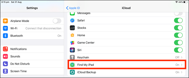 Image showing how to turn the Find My iPad feature on and off